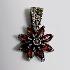 Vintage 925 Sterling Silver Marcasite and Garnets Flower Pendant